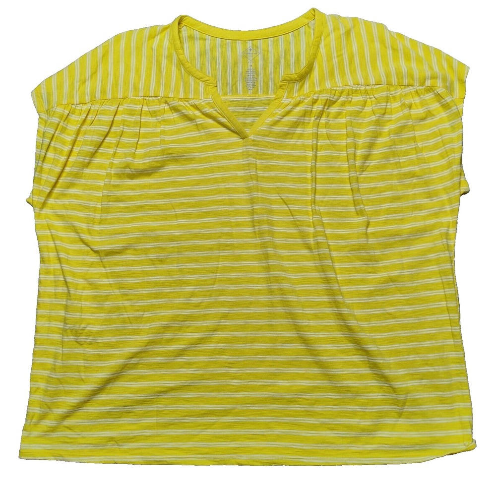 St Johns Bay Women Plus 1X Yellow Stripe Cap Sleeve V-Neck Pullover Shirt NEW‎